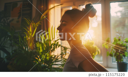 Portrait of a woman in profile in backlight. 115175220