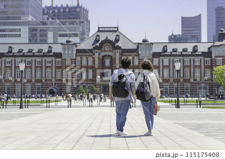 インバウンド　東京を散策する外国人旅行者カップルの後ろ姿 115175408