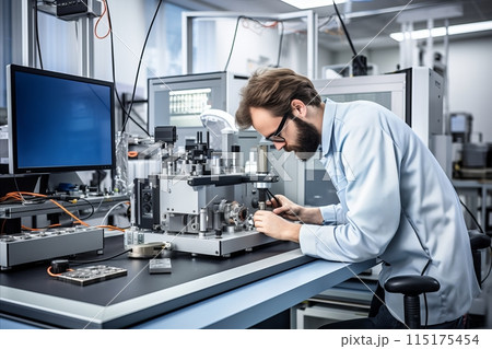 Engineer conducting high-frequency vibration tests on materials, Testing laboratory with specialized equipment 115175454