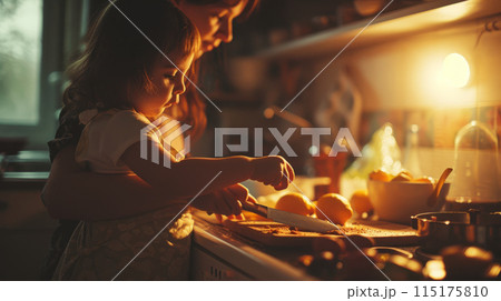 Mom and daughter preparing dinner together 115175810