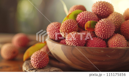 Wooden bowl full of lychee. 115175856