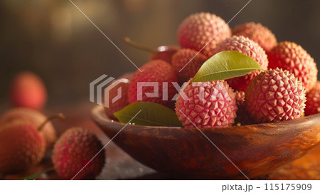 Wooden bowl full of lychee. 115175909