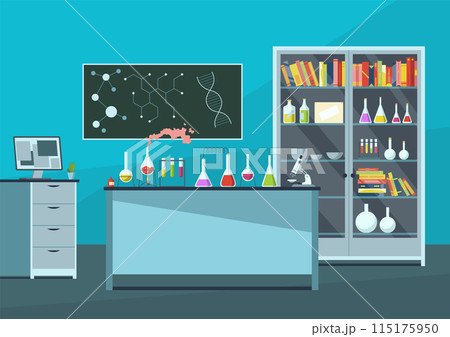 Science researching chemical lab. Professional work of scientific research. Molecular engineering vector concept. Modern scientific chemical laboratory or chemistry classroom interior 115175950