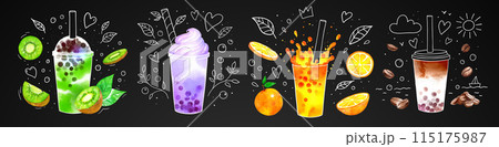 Bubble Tea flavors on chalkboard background Bubble Tea flavors on chalkboard background 115175987