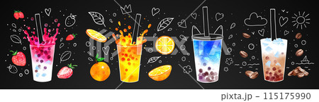 Bubble Tea flavors collection on chalkboard 115175990