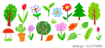Child drawing of leaves, flowers and trees Child drawing of leaves, flowers and trees 115175993