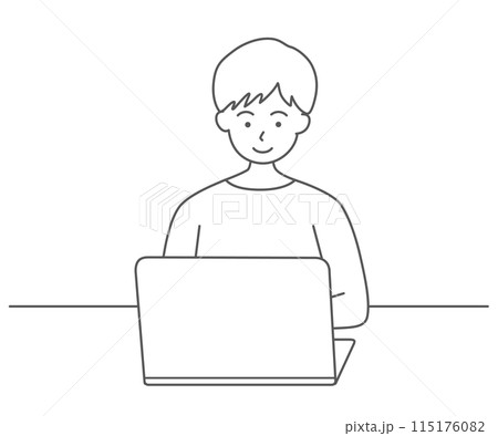 ノートパソコンを使う若い男性のシンプルな線画イラスト素材 115176082