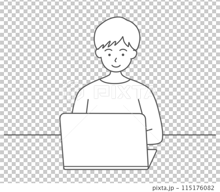ノートパソコンを使う若い男性のシンプルな線画イラスト素材 115176082