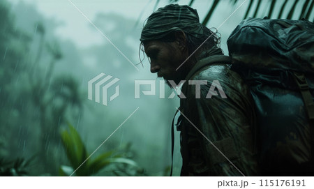 Male traveler with hiking backpack in the jungle 115176191