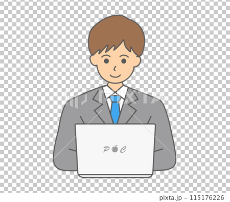 ノートパソコンを使うスーツの男性ビジネスマンのイラスト素材 ノートパソコンを使うスーツの男性ビジネスマンのイラスト素材 115176226