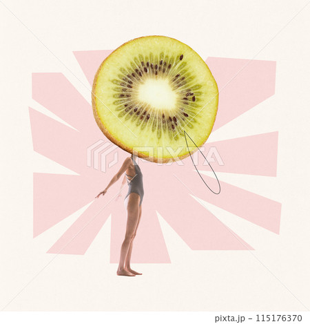 Young woman in vintage striped swimsuit standing with kiwi head on abstract light background. Contemporary art collage. 115176370