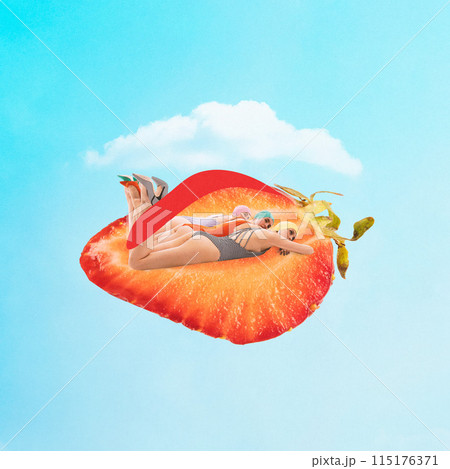 Three women lying on slice of strawberry on colorful swimsuits and sunbathing. Sky background. Contemporary art collage. Three women lying on slice of strawberry on colorful swimsuits and sunbathing. Sky background. Contemporary art collage. 115176371
