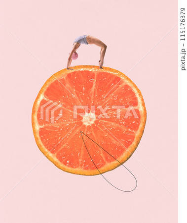 Woman in vintage swimsuit and swimming cap stretching on slice of grapefruit against light pink background. Contemporary art collage. 115176379