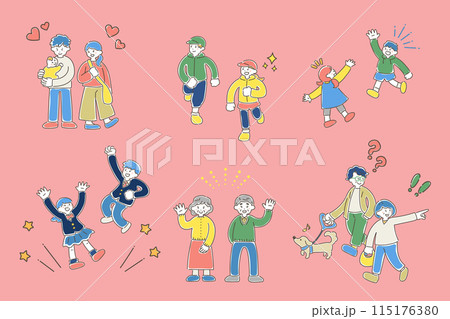 多世代の人々と簡単な気分アイコンのゆるいイラスト(セット) 多世代の人々と簡単な気分アイコンのゆるいイラスト(セット) 115176380