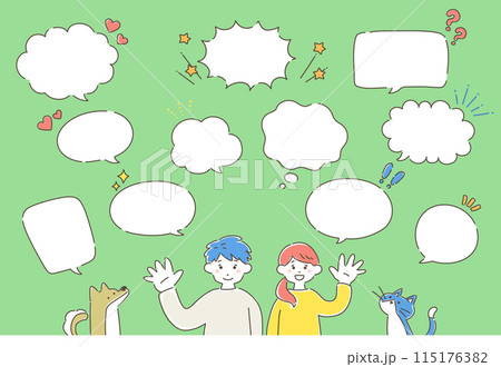 吹き出しと男女のカップルと犬と猫のゆるいイラスト（セット） 115176382
