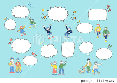 吹き出しとおしゃべりをする多世代の人々のゆるいイラスト（セット） 115176383