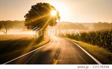 朝日に向かってのびる一本の長い道 115176398