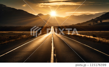 朝日に向かってのびる一本の長い道 115176399