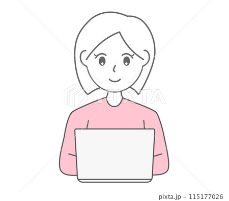 ノートパソコンを操作する若い女性のシンプルな線画イラスト素材 115177026