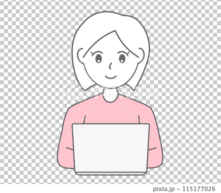 ノートパソコンを操作する若い女性のシンプルな線画イラスト素材 115177026