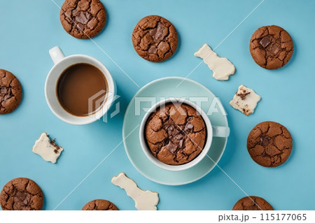 Coffee cup with cookies on a light blue background. Panoramic flat lay food photography. 115177065