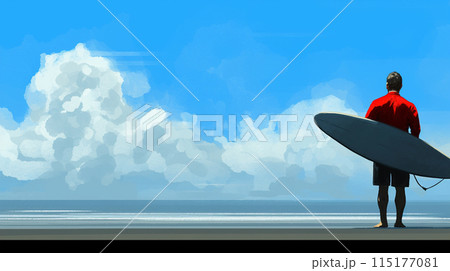 夏空と海を浜から眺めているサーファー