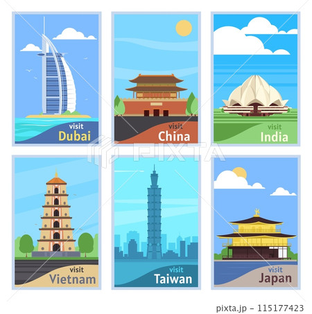 Asian traveling landmarks cards. Tourist destinations. Modern and ancient architectural objects. City skyscrapers. Historical pagodas. Temples and palaces. Vector tourism posters set 115177423