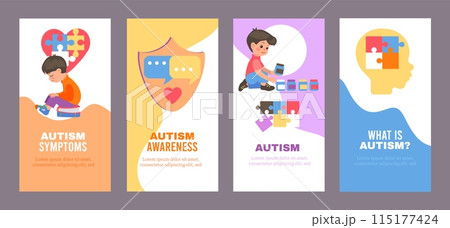 Autism awareness Day cards. Cute kids with autistic spectrum disorder. Hyperactivity and ADHD. Children behavioral features. Attention to detail and introversion. Splendid vector set Autism awareness Day cards. Cute kids with autistic spectrum disorder. Hyperactivity and ADHD. Children behavioral features. Attention to detail and introversion. Splendid vector set 115177424