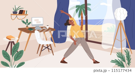 Freelancer girl does stretching. Workplace workout. Happy woman doing yoga exercises. Sedentary job. Office syndrome. Flexible body training. Fitness for workers. Garish vector concept 115177434