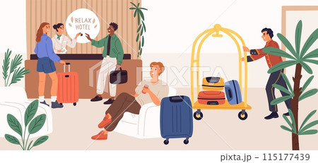 Hotel reception. Guests resting in lobby. People waiting for settlement. Hospitality service. Porter carrying luggage. Receptionist with keys. Guesthouse hall. Garish vector concept 115177439