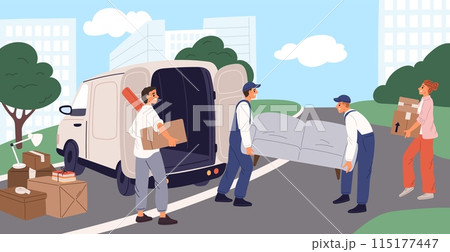 Movers at work. Delivery service. Family moving to new home. Workers loading furniture into truck. People carrying things boxes. Loaders holding sofa. Garish vector relocation concept Movers at work. Delivery service. Family moving to new home. Workers loading furniture into truck. People carrying things boxes. Loaders holding sofa. Garish vector relocation concept 115177447