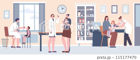 Children vaccination scene. Kids and medical staff, doctors and nurses in hospital room doing injections. Clinical staff vaccinating, kicky vector concept Children vaccination scene. Kids and medical staff, doctors and nurses in hospital room doing injections. Clinical staff vaccinating, kicky vector concept 115177470