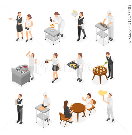 Isometric restaurant team. Chefs preparing meals and cooking, waiter with client and administrator. Pizza maker, friends meet, flawless vector set 115177485