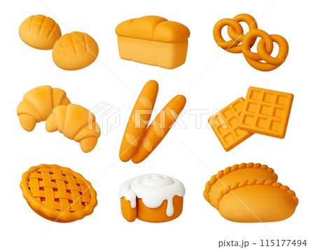 3d bakery products. Pastries, croissant and bread. Isolated buns, french baguettes and waffles. Render realistic baking pithy vector collection 115177494