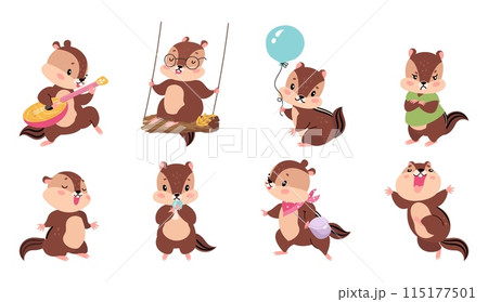 Cartoon chipmunk set. Isolated cute chipmunks different activities. Emotional animal play and eat, sing and has fun. Funny nowaday vector characters 115177501
