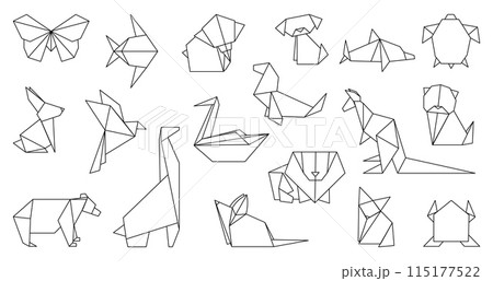 Line origami elements. Different polygonal birds and animals, decorative geometric logos. Lion, kangaroo swan and butterfly, decent vector set Line origami elements. Different polygonal birds and animals, decorative geometric logos. Lion, kangaroo swan and butterfly, decent vector set 115177522