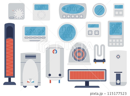 Cartoon thermostat and heating systems. Flat radiator icons, cooling controllers and indicators. Smart house elements, climate control decent vector set 115177523
