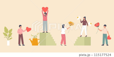 People with hearts and flowers. Plants, gardening and gifting. Happy young adults, support and friendship. Cartoon lovely vector characters 115177524