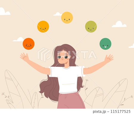 Cartoon emotional girl. Balance, cute young woman and different emotions. Mental health, support and helping. Psychology vector concept 115177525