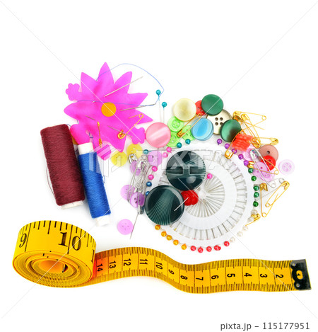 Sewing tools and measuring tape isolated on white. Collage. 115177951