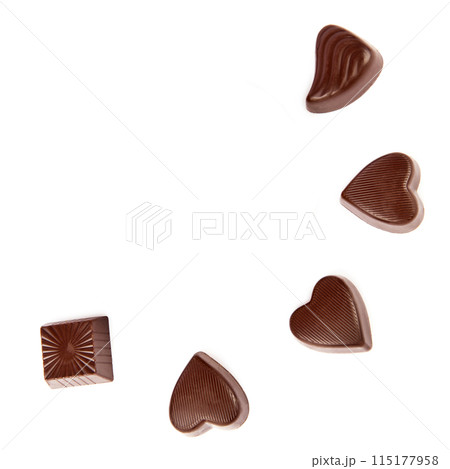 Chocolate candies isolated on white. Collage. Free space for text. Chocolate candies isolated on white. Collage. Free space for text. 115177958