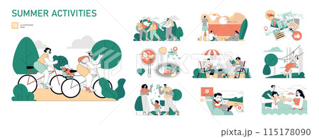Summer Activities set. Families and individuals engaging in outdoor leisure activities during summer. Cycling, hiking, eating, reading, photography, and fishing. Vector illustration. Summer Activities set. Families and individuals engaging in outdoor leisure activities during summer. Cycling, hiking, eating, reading, photography, and fishing. Vector illustration. 115178090