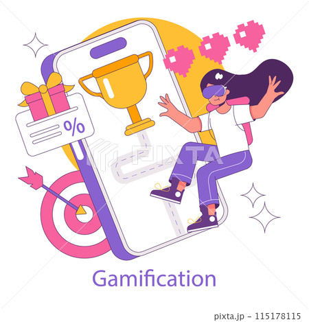 Phygital concept illustration. A person interacts with a smartphone integrating rewards, targets, and pixels representing gamified experiences. Online and offline engagement blend. Vector illustration 115178115