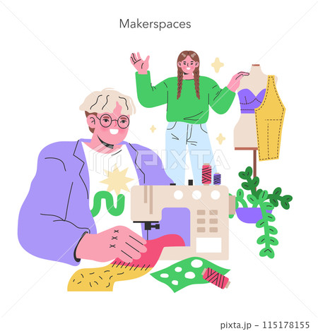 Maker Culture concept A sewing enthusiast and a designer in a makerspace, collaborating in a world of fabric and fashion creation Community and craft in harmony Vector illustration Maker Culture concept A sewing enthusiast and a designer in a makerspace, collaborating in a world of fabric and fashion creation Community and craft in harmony Vector illustration 115178155