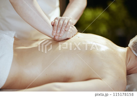 Closeup on medical massage therapist massaging clients back 115178158