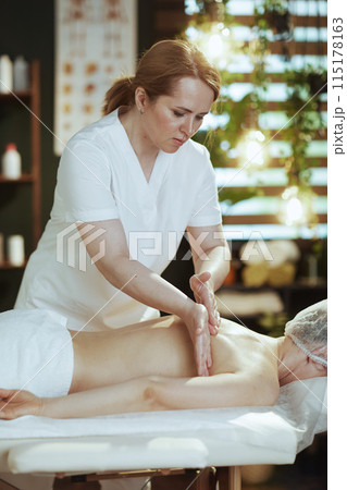 massage therapist in massage cabinet massaging client 115178163