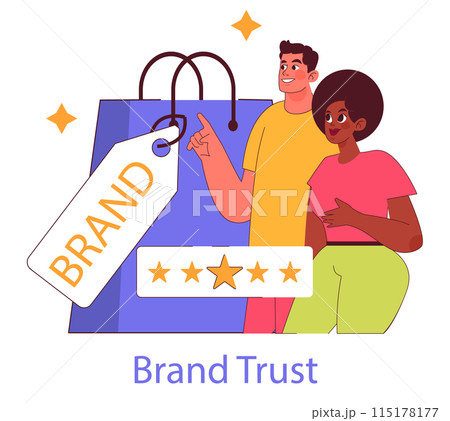 Millennial Consumers concept. Young couple evaluating branded shopping experience, showcasing brand trust with a five-star rating. Vector illustration. Millennial Consumers concept. Young couple evaluating branded shopping experience, showcasing brand trust with a five-star rating. Vector illustration. 115178177