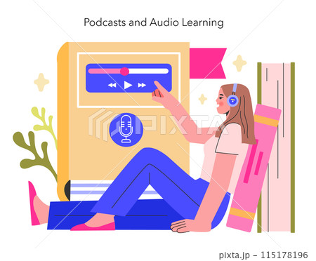 Podcasts and Audio Learning concept A learner tunes into an educational podcast, combining leisure with learning through audio platforms Vector illustration 115178196