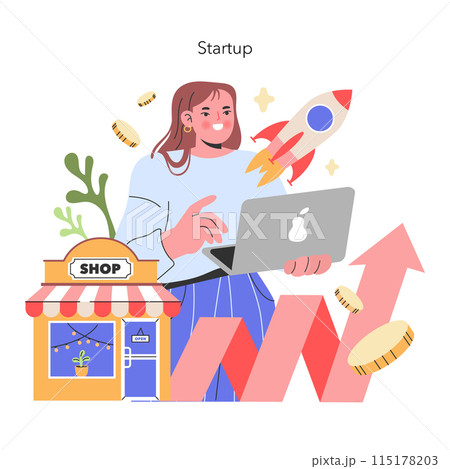 Innovative Startup Launch An entrepreneur with a laptop and rocket symbolizing a soaring start Aspirations and growth are at the heart of this small business Vector illustration 115178203