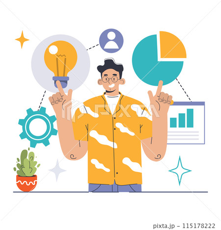 Resource allocation concept. A vibrant vector illustration displaying a confident professional determining asset distribution using a pie chart and idea bulb. Flat vector illustration 115178222